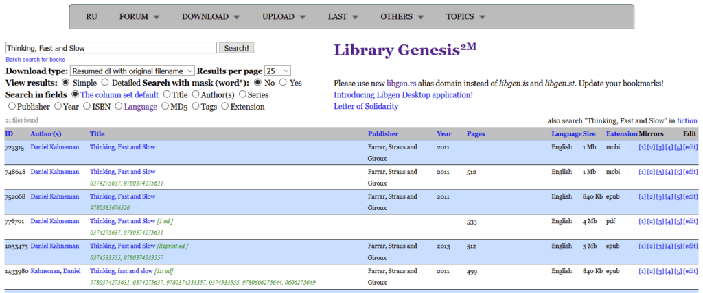 用Library Genesis搜索Thinking, Fast and Slow